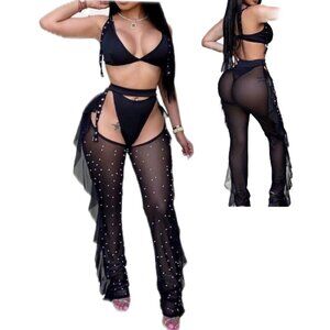 Sexy Black Sheer Mesh Pearl Embellished Two-Piece Set Ruffle Chaps Women Size XL